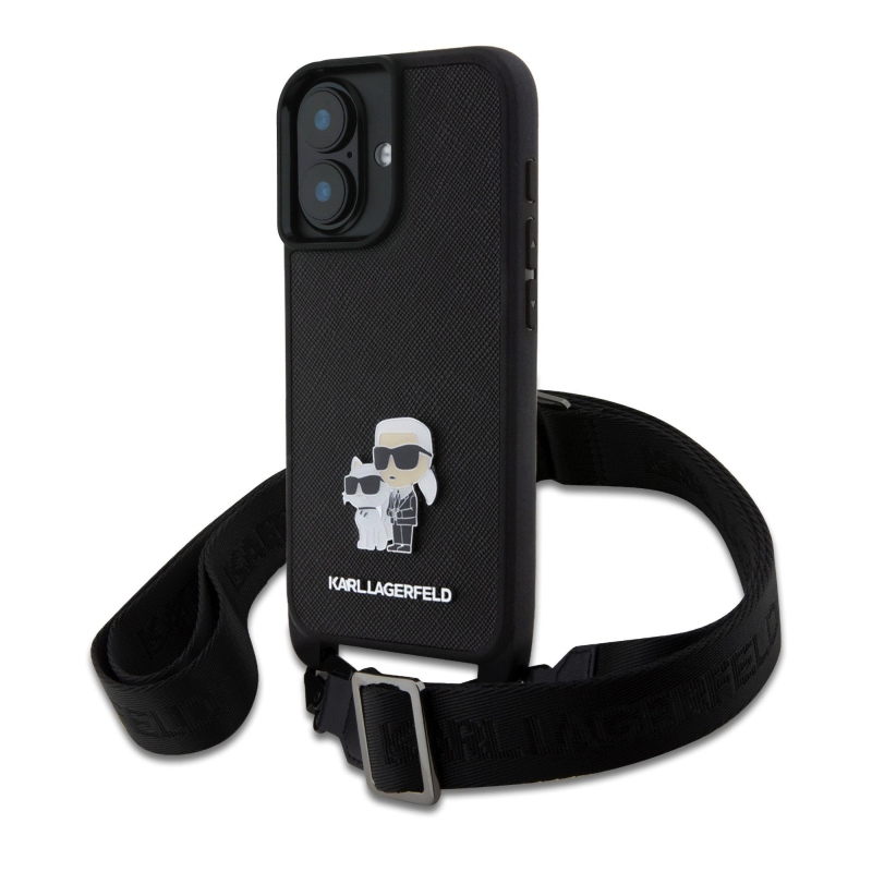 Karl Lagerfeld Saffiano Crossbody Strap Metal Karl és Choupette hátlapi borító iPhone 16 Plus-hoz Fekete