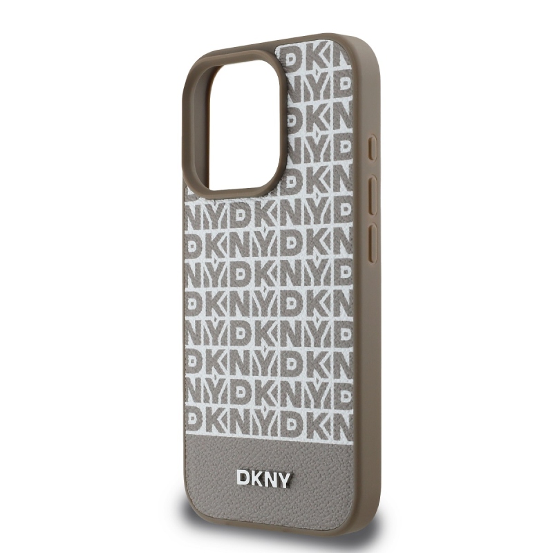 DKNY PU bőr Ismétlődő mintás alsó csík MagSafe hátlap iPhone 16 Pro barna színű borítóhoz