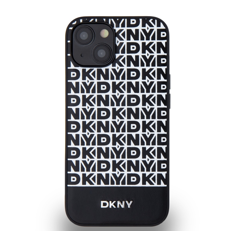 DKNY PU bőr ismétlődő mintás alsó csíkos MagSafe hátlap iPhone 14 Fekete