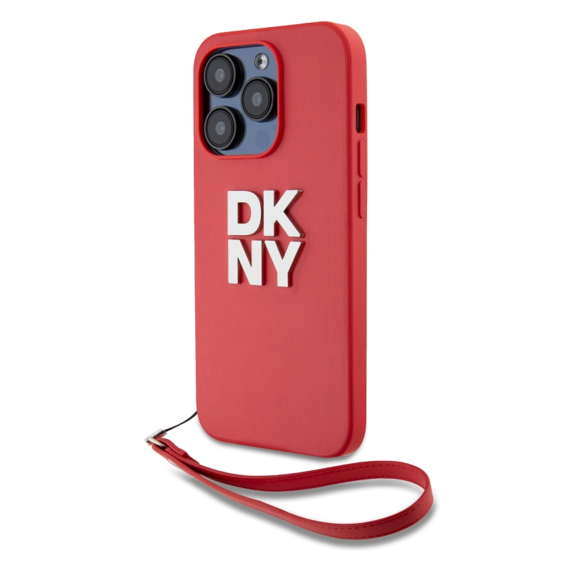 DKNY PU bőr Stack Logo csuklópánt hátlapi borító iPhone 14 Pro piroshoz