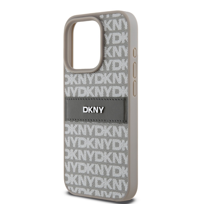 DKNY PU bőr ismétlődő mintás tonális csíkos hátlapi borító iPhone 14 Pro bézs színűhöz