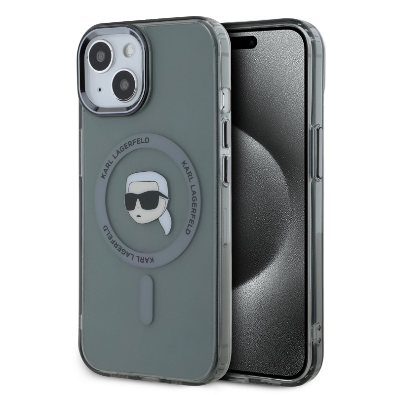 Karl Lagerfeld IML Karl Head fémkeret MagSafe hátlapi borító iPhone 15-hez Fekete