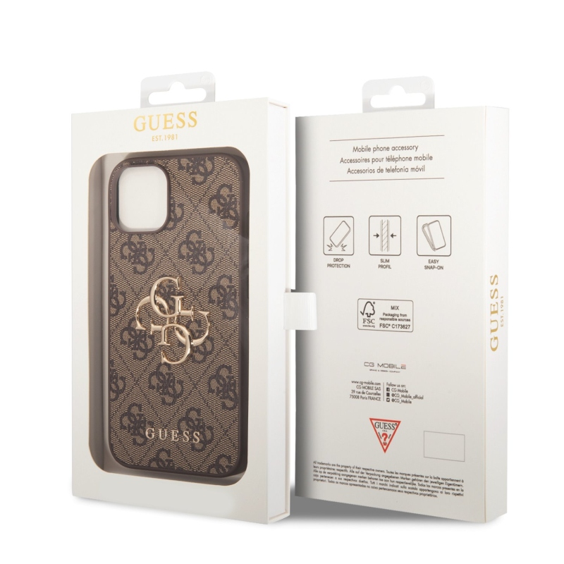 Guess PU 4G fém logós hátlap iPhone 15-hez Barna