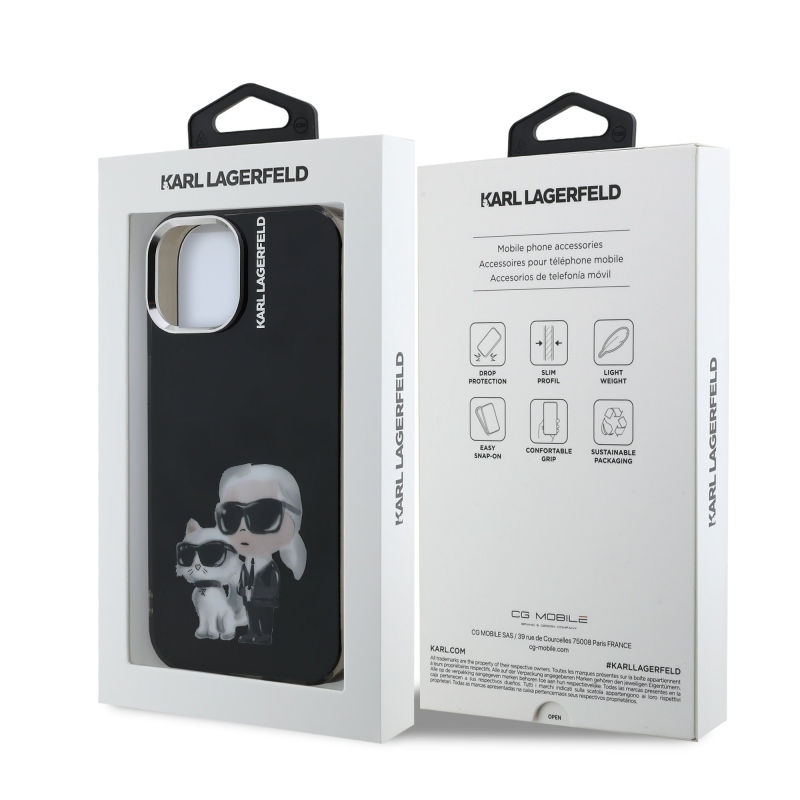 Karl Lagerfeld IML Aquarelle Karl és Choupette hátlapi borító iPhone 15 készülékhez Fekete