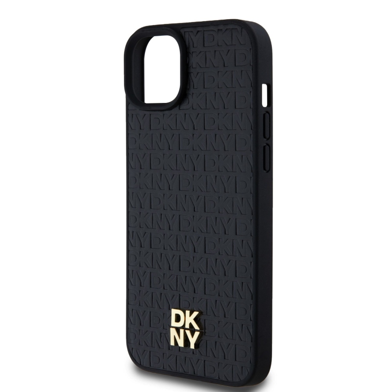 DKNY PU bőr Ismétlődő mintás Stack Logo Magsafe hátlap iPhone 15 Plus-hoz Fekete
