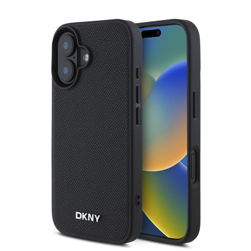 DKNY PU bőr ezüst fém logó Magsafe hátlap iPhone 16-hoz Fekete