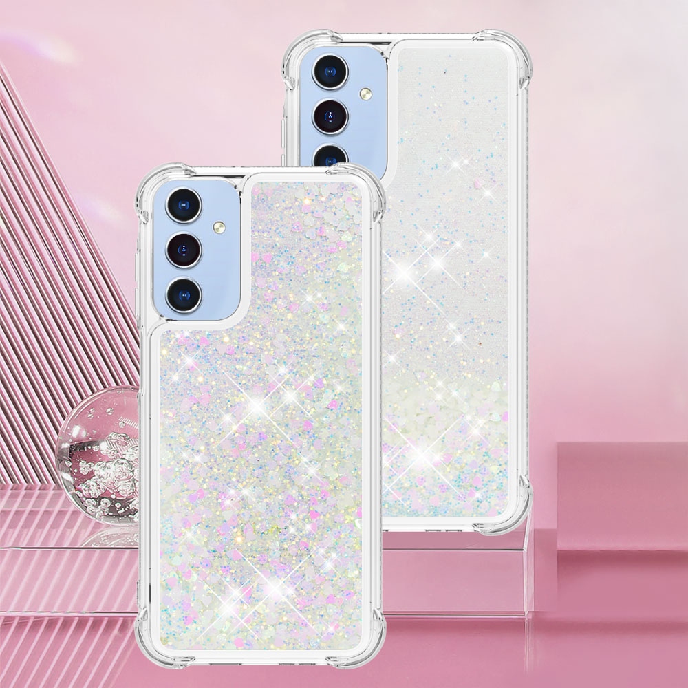 Csillogó homokóra zselés tok Samsung Galaxy A17 5G - rózsaszín és ezüst/szívecske