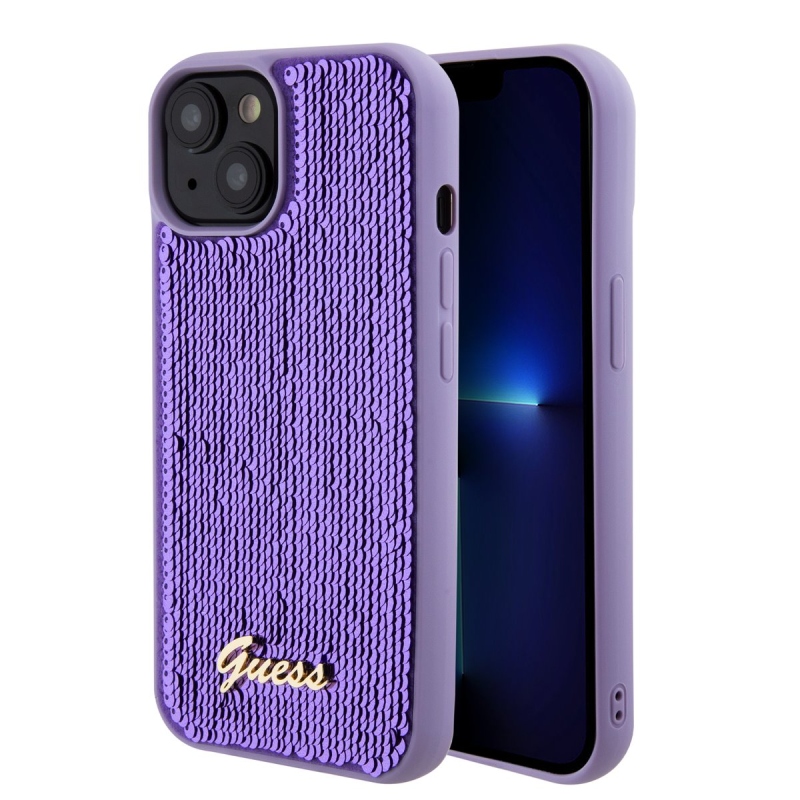 Guess Sequin Script Logo hátlap iPhone 15 Plus lila színű borítóhoz