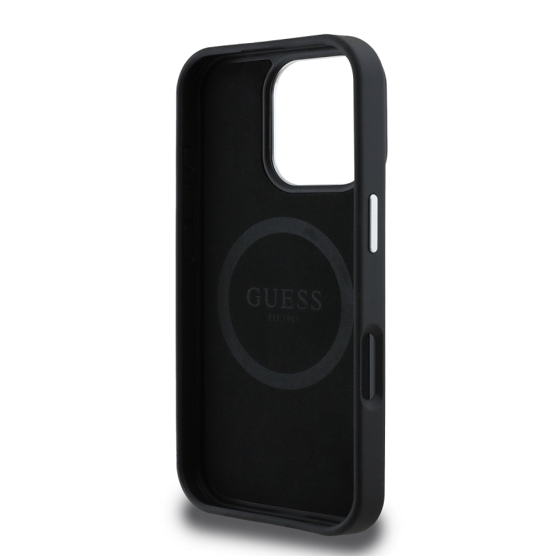 Guess PU szemcsés, háromszög alakú logós hátlap iPhone 16 Pro Fekete
