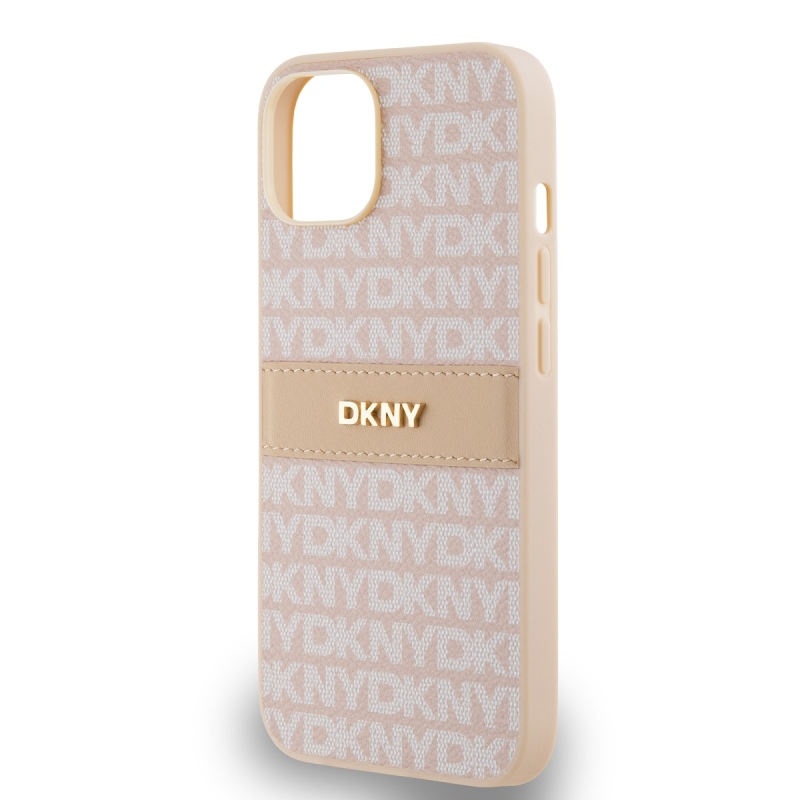 DKNY PU bőr ismétlődő mintás tonális csíkos hátlap iPhone 14 rózsaszínű iPhone 14-re