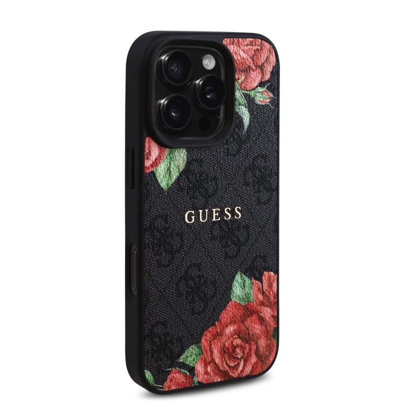 Guess PU bőr 4G rózsák MagSafe hátlap iPhone 16 Pro Fekete