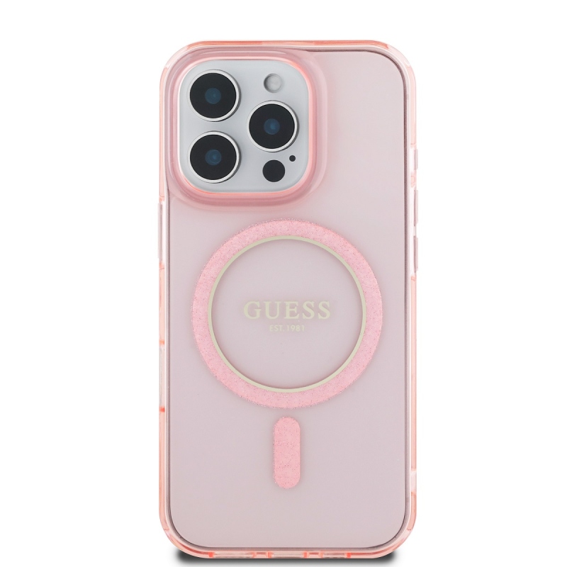 Guess IML Glitter Ring MagSafe hátlap iPhone 16 Pro rózsaszínű iPhone 16 Pro készülékhez