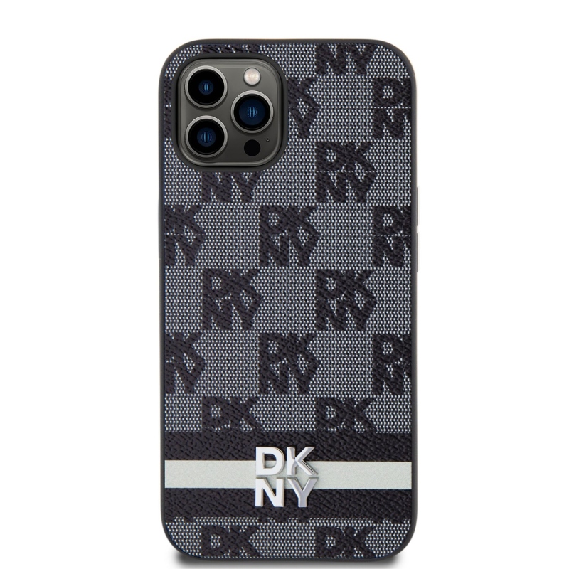 DKNY PU bőrből készült kockás mintás és csíkos hátlapi borító iPhone 12/12 Pro fekete színhez