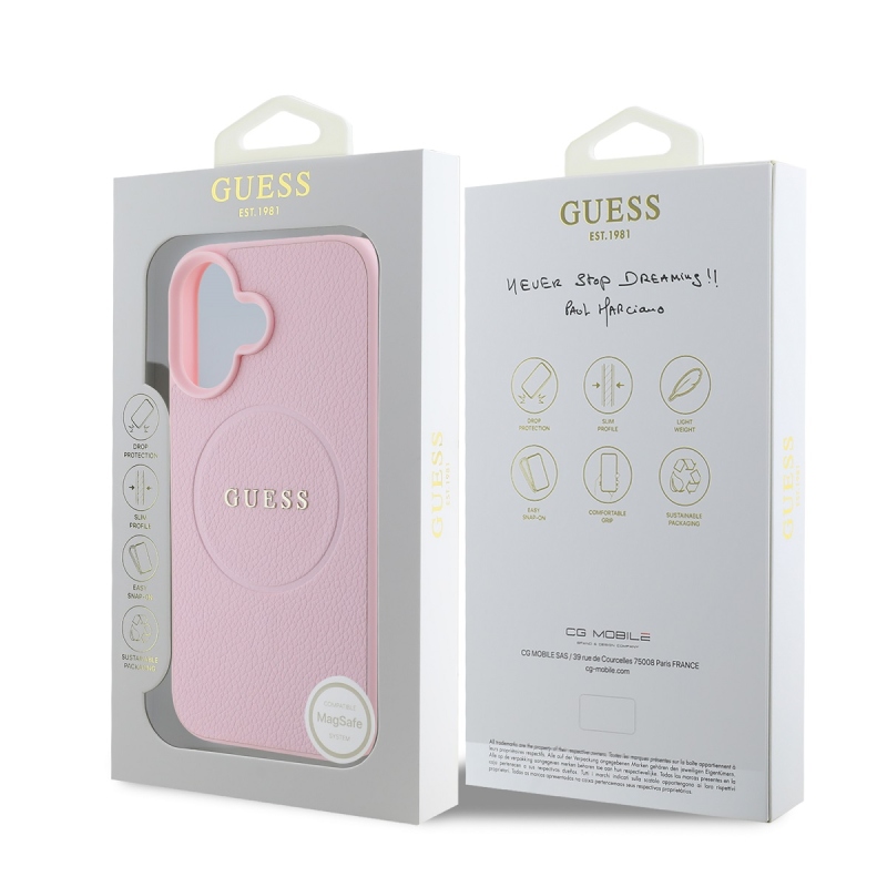 Guess PU szemcsés klasszikus logóval ellátott MagSafe hátlap iPhone 16 rózsaszínhez