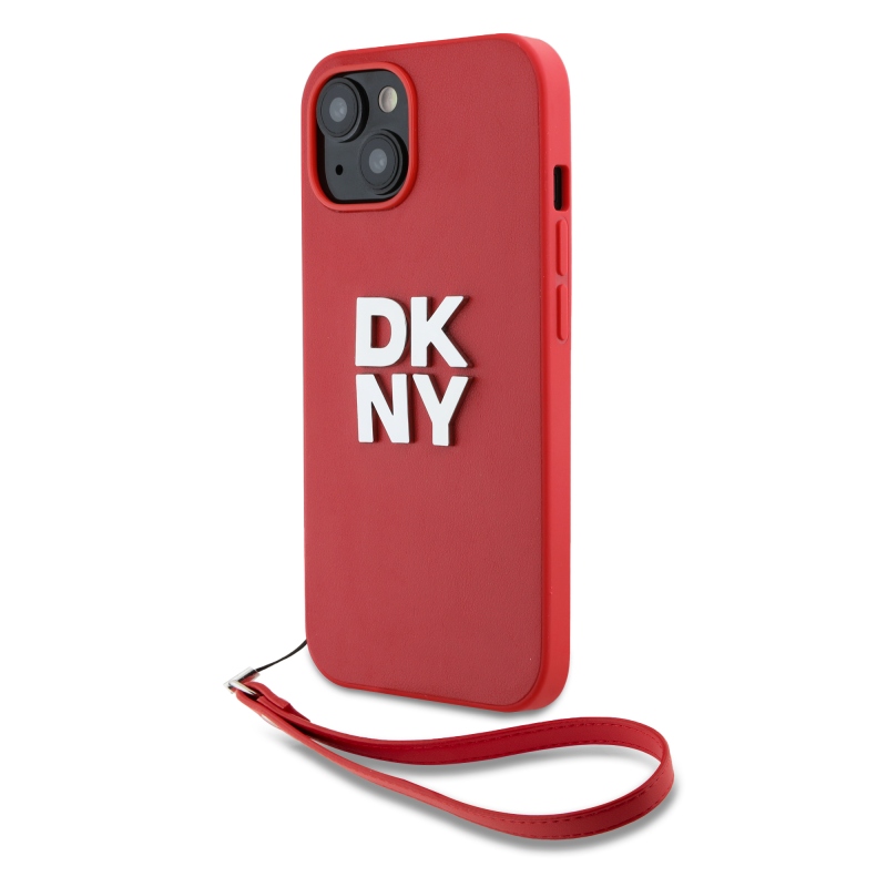 DKNY PU bőr Stack Logo csuklópánt hátlapi borító iPhone 13-hoz Piros