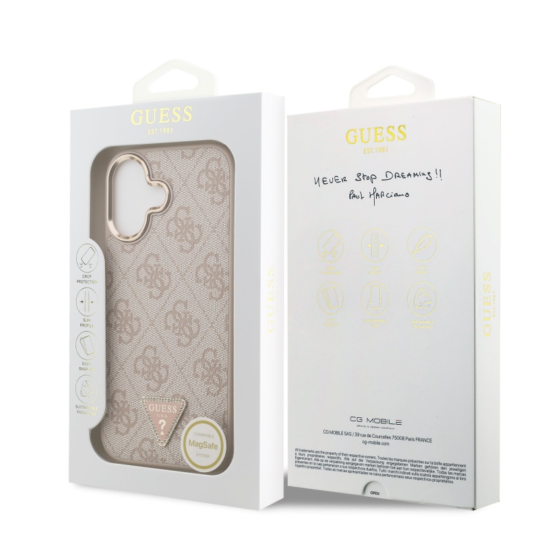 Guess PU bőr 4G Strass háromszög logó arany keret MagSafe hátlapi borító iPhone 17 rózsaszínhez