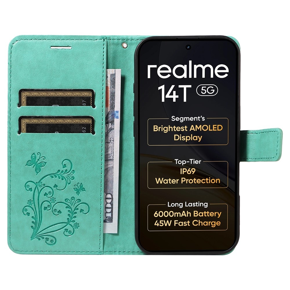 Nagy pillangó könyvtáska a Realme 14 5G/14T 5G számára - teáskék színű