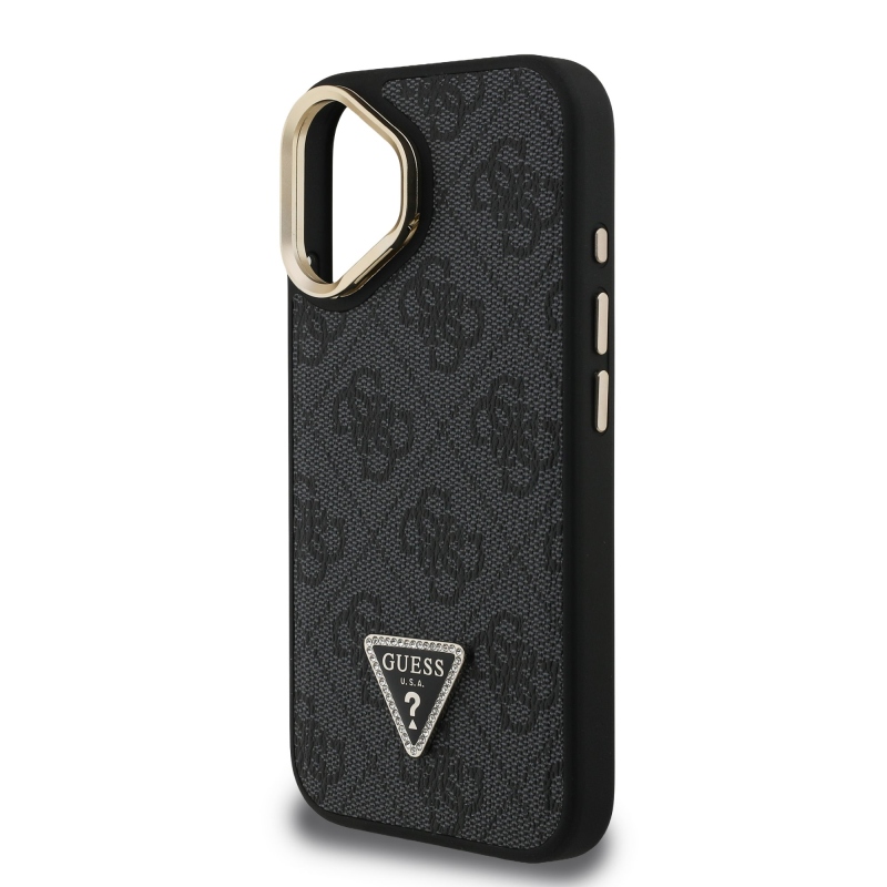 Guess PU 4G Strass háromszög logó állvány kamerakeret MagSafe hátlapi borító iPhone 16-hoz Fekete
