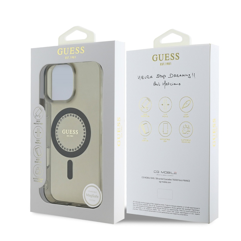 Guess IML strasszos gyűrű MagSafe hátlap iPhone 16 Pro fekete színű iPhone 16 Pro számára