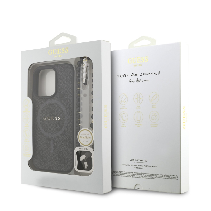 Guess PU bőr 4G színes gyűrűs pánt MagSafe hátsó borító iPhone 16 Pro Fekete
