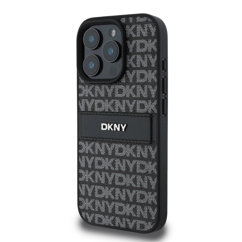 DKNY PU bőr ismétlődő mintás tonális csíkos hátlapi borító iPhone 16 Pro Max-hoz Fekete