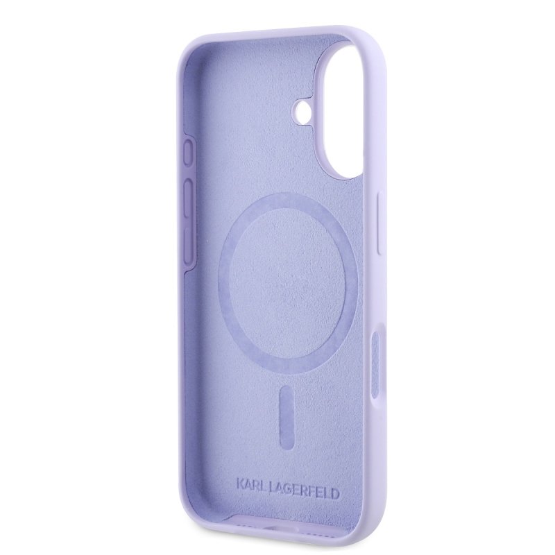 Karl Lagerfeld folyékony szilikon Karl és Choupette MagSafe hátlap iPhone 16 lila iPhone 16-hoz