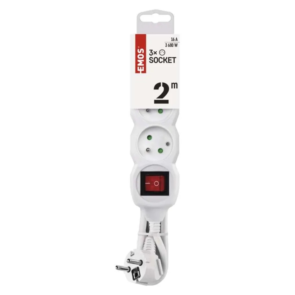 Hosszabbító kábel 2 m / 3 aljzat / kapcsolóval / fehér / PVC / 1 mm2
