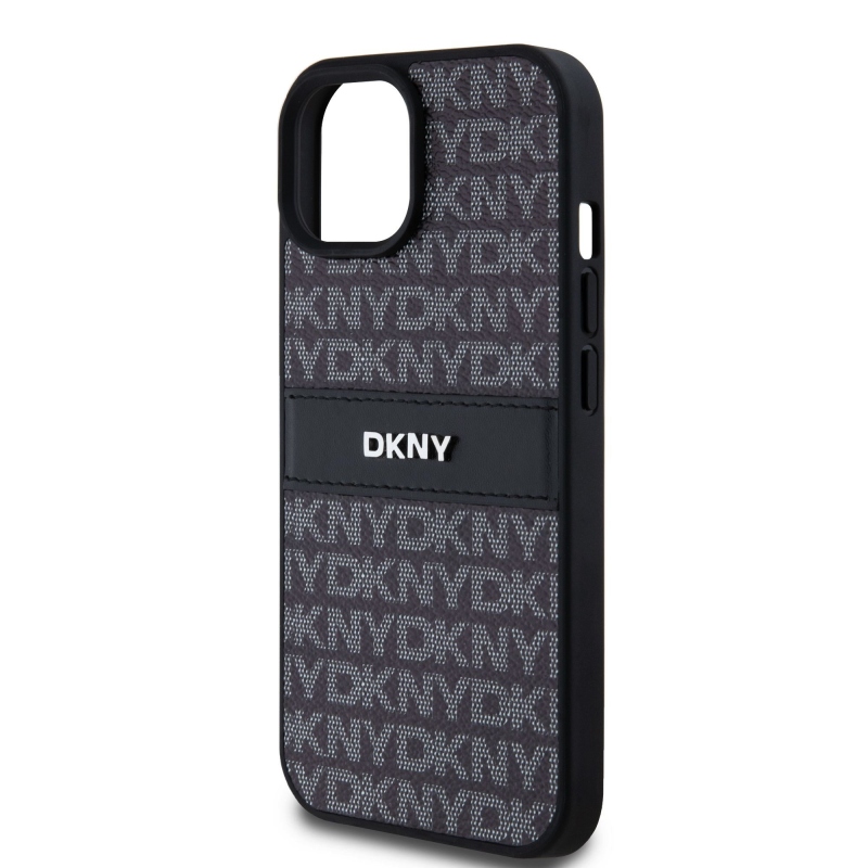 DKNY PU bőr ismétlődő mintás tonális csíkos hátlapi borító iPhone 15-hez Fekete