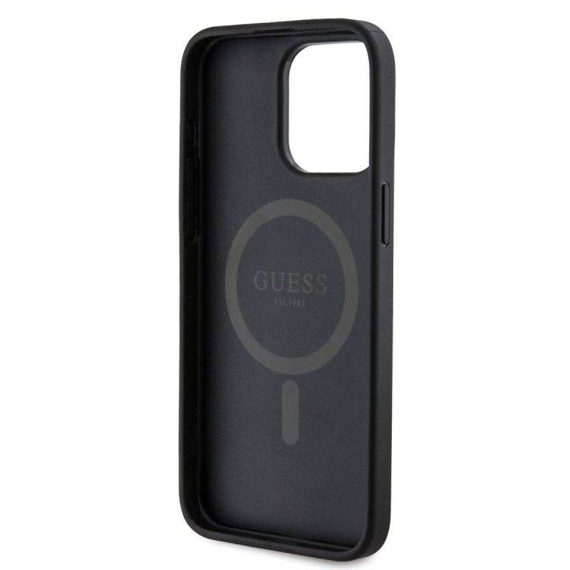 Guess PU bőr 4G színes gyűrűs MagSafe hátlap iPhone 15 Pro Max-hoz Fekete