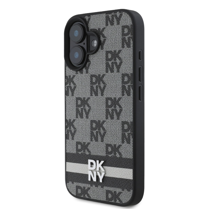 DKNY PU bőrből készült kockás mintás és csíkos hátlapi borító iPhone 16-hoz Fekete