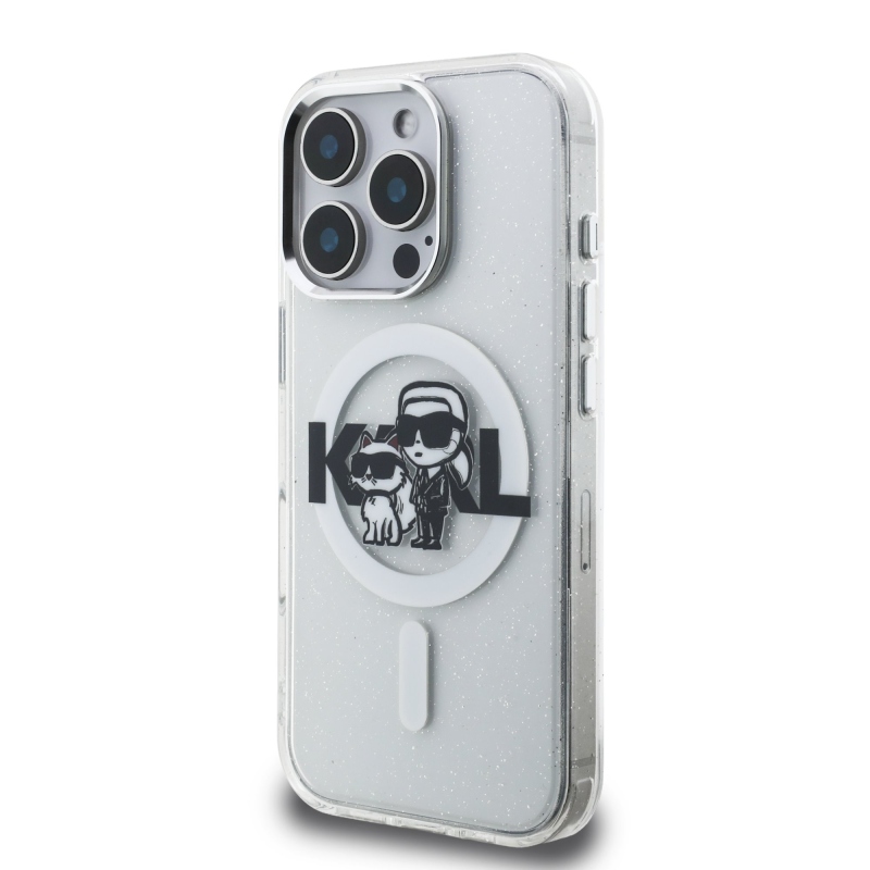 Karl Lagerfeld IML Glitter Karl és Choupette Sketch MagSafe hátlap iPhone 16 Pro átlátszóhoz