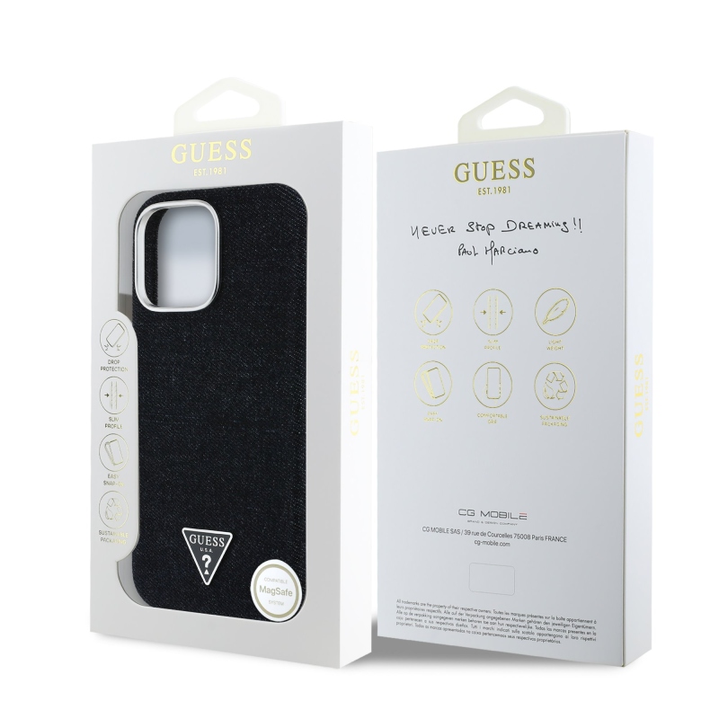 Guess Denim háromszög logóval ellátott MagSafe hátlap iPhone 16 Pro-hoz Fekete