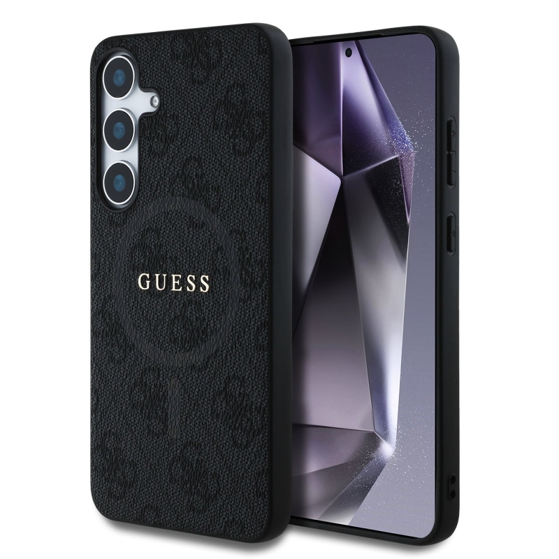 Guess PU bőr 4G színes gyűrűs MagSafe hátlap Samsung Galaxy S25 fekete