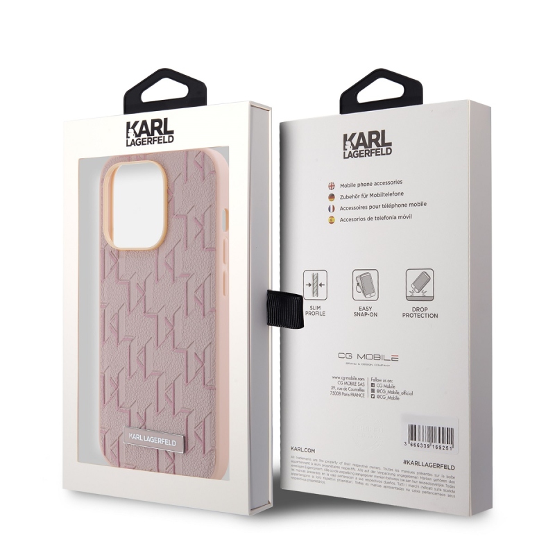 Karl Lagerfeld PU bőr monogram fém logó Magsafe hátlap iPhone 14 Pro Max rózsaszínhez