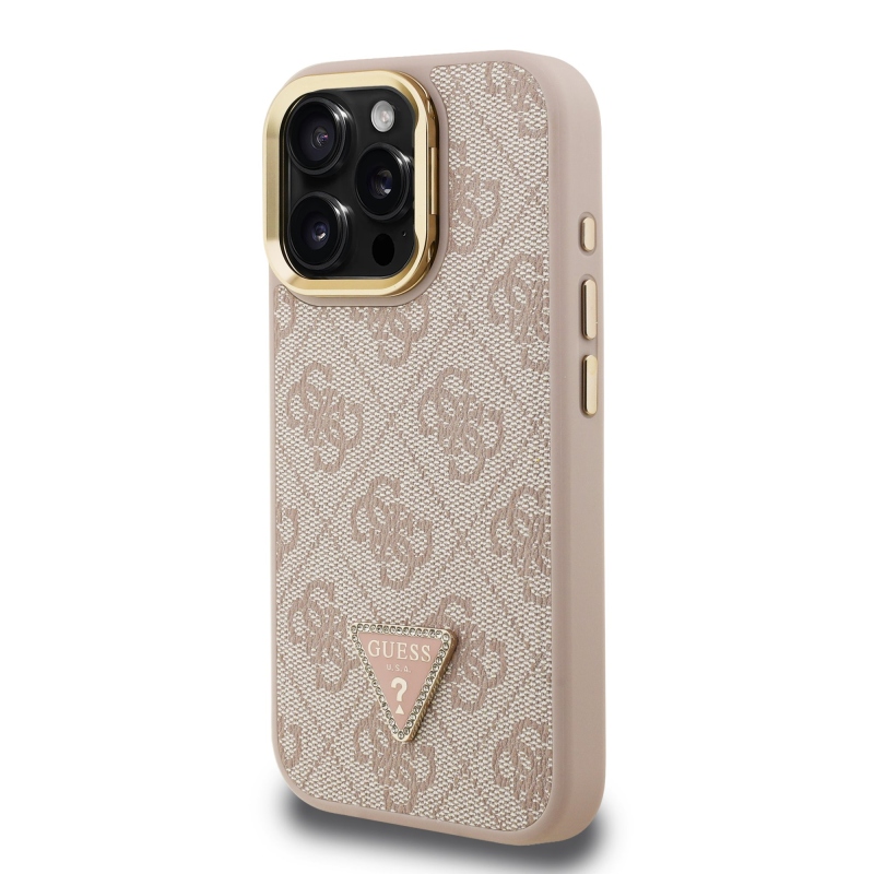 Guess PU 4G Strass háromszög logó állvány kamerakeret MagSafe hátlapi borító iPhone 16 Pro rózsaszínhez
