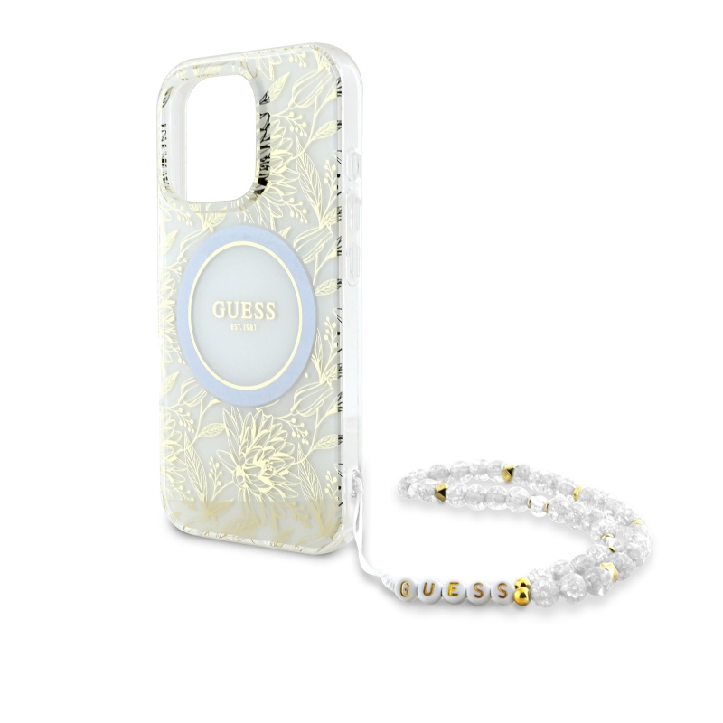 Guess IML Virágok Allover Strap MagSafe hátlapi borító iPhone 16 Pro Max fehérhez