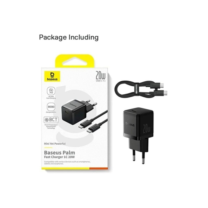 Baseus Palm gyors töltő USB-C 20W + USB-C/USB-C adatkábel 1m Fekete