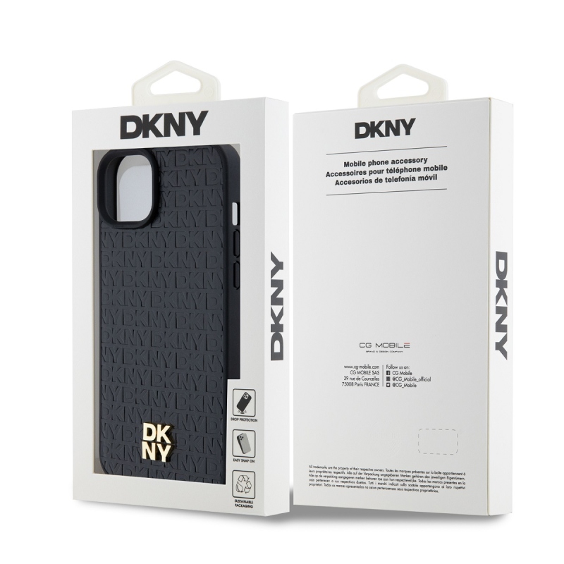 DKNY PU bőr Ismétlődő mintás Stack Logo Magsafe hátlap iPhone 13-hoz Fekete