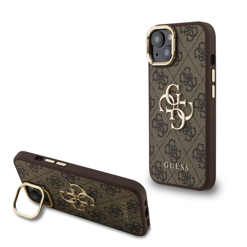Guess PU 4G fém logó állvány kamera keret hátlap iPhone 15 barna barna