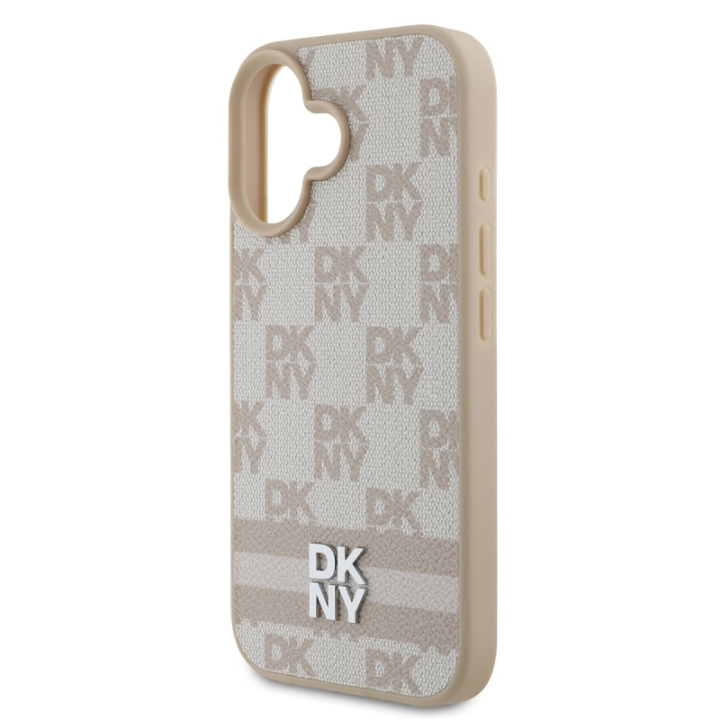 DKNY PU bőr kockás mintás és csíkos hátlapi borító iPhone 16 rózsaszínhez
