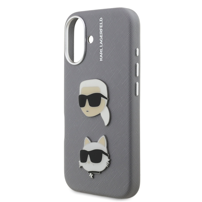 Karl Lagerfeld szemcsés PU K&CH Heads hátlap iPhone 16 szürke készülékhez