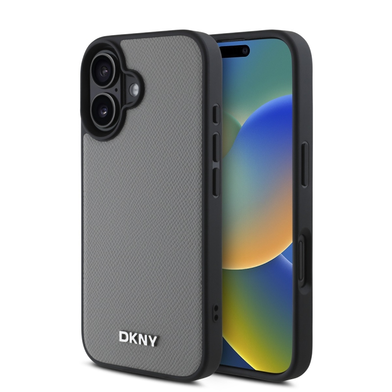 DKNY PU bőr ezüst fém logó Magsafe hátlap iPhone 16-hoz szürke