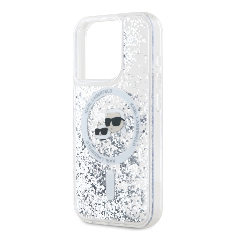 Karl Lagerfeld folyékony csillogó Karl és Choupette fejek MagSafe hátlap iPhone 15 Pro átlátszóhoz